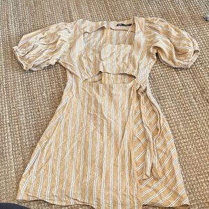 Zara Asymmetrical Tan and White Striped Dress with cutout
